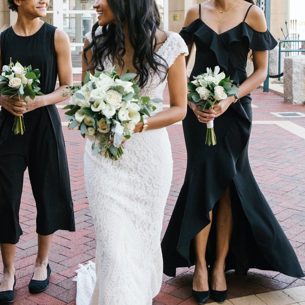 BHLDN Black Ruffled Off-Shoulder Wedding Dress